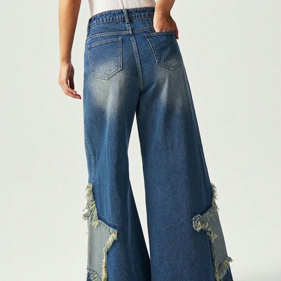 Medium Wash Casual Women's Boho Wide-Leg Jeans - Picture 6 of 7